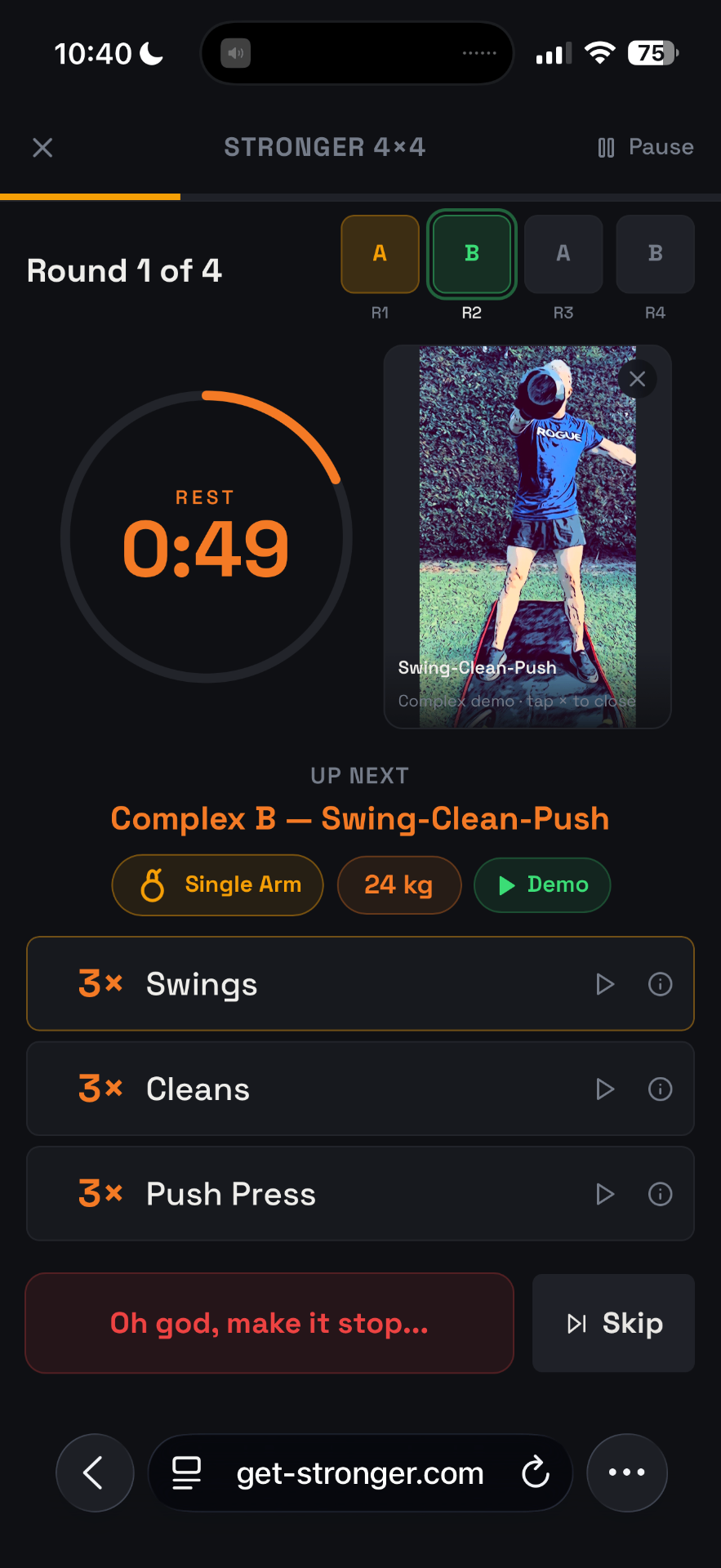 Stronger 4×4 EMOM workout screen showing round timer, live heart rate zone and the exercise list